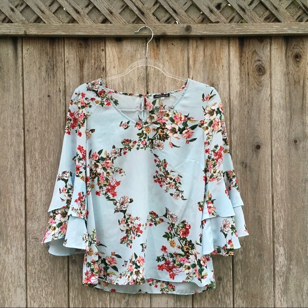Jessica Rose Floral 3/4 Ruffle Sleeve Top Small - Picture 4 of 8